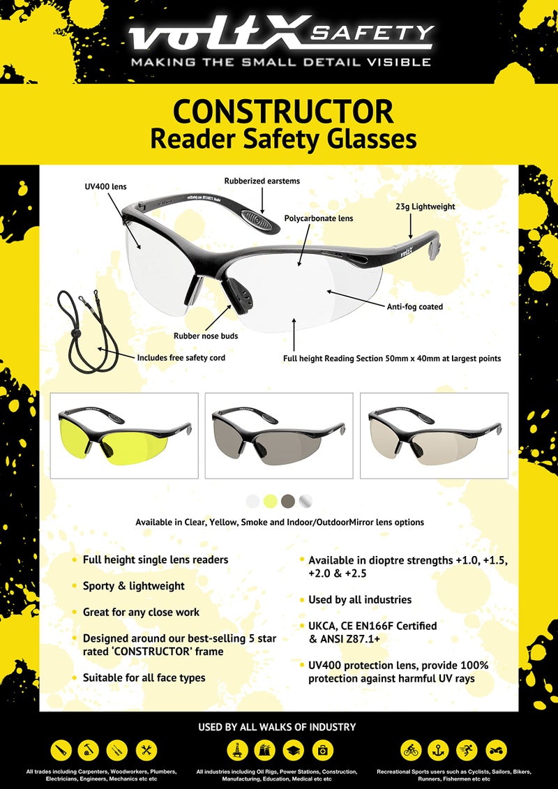 voltX 'Constructor' SAFETY READERS (CLEAR +1.5 Dioptre) Full Lens Reading Safety Glasses ANSI Z87.1+ & CE EN166F, Wraparound Style - Includes Safety Cord with headstop - UV400 anti fog coated lens - Image 2